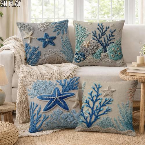 2d flat 4pcs coastal throw pillow covers blue beige decorative pillowcases one sided printing for living room bedroom sofa bed decor without pillow inserts 2d flat