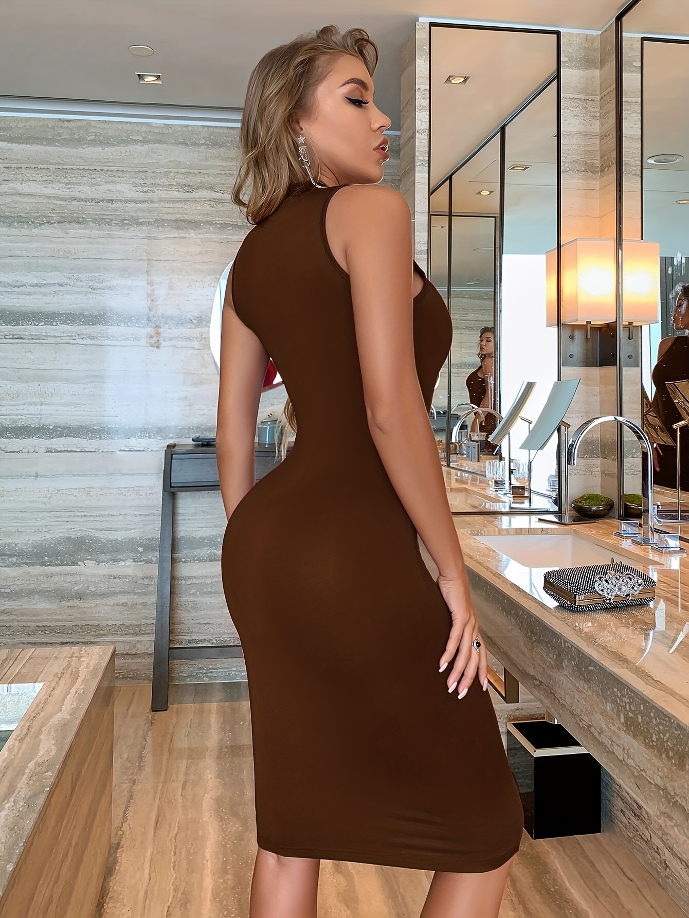 Solid Color Crew Neck Dress, Elegant Sleeveless Dress For Spring & Summer, Women's Clothing