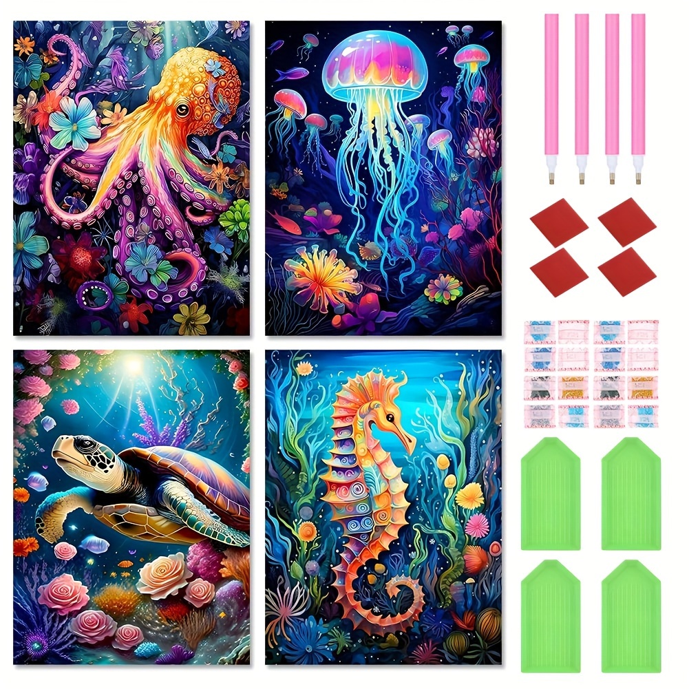 

4 Pack Diamond Painting Kits For Adults, Ocean Animals Theme With Round Diamonds, Canvas Art - , Turtle, Octopus, Jellyfish Wall Decor For Living Room Bedroom