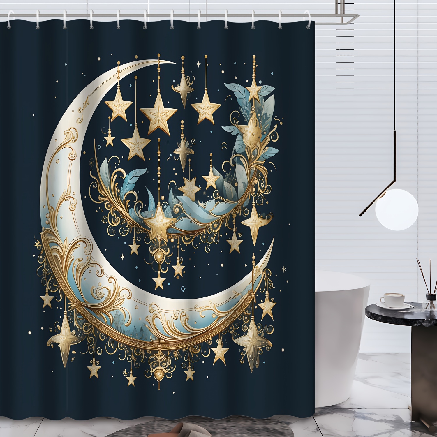 

1pc Star Moon Pattern Shower Curtain With Hooks, Waterproof Bathroom Partition Curtain, Bathroom Accessories, Home Decor