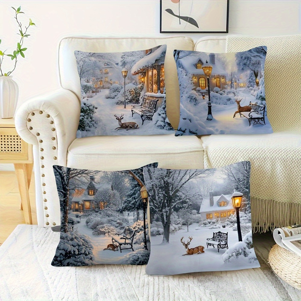 

4-pack Winter Wonderland Vintage Style Pillow Covers, 18x18 Inch, Snowy Garden & Deer Design, Polyester, Zippered, Machine Washable, Decorative Cushion Cases For