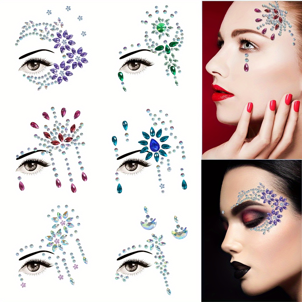 

6-piece Sparkling Face Gems - Rhinestone & Crystal Stickers For Eyes And Body, Perfect For Rave Festivals & Special Occasions
