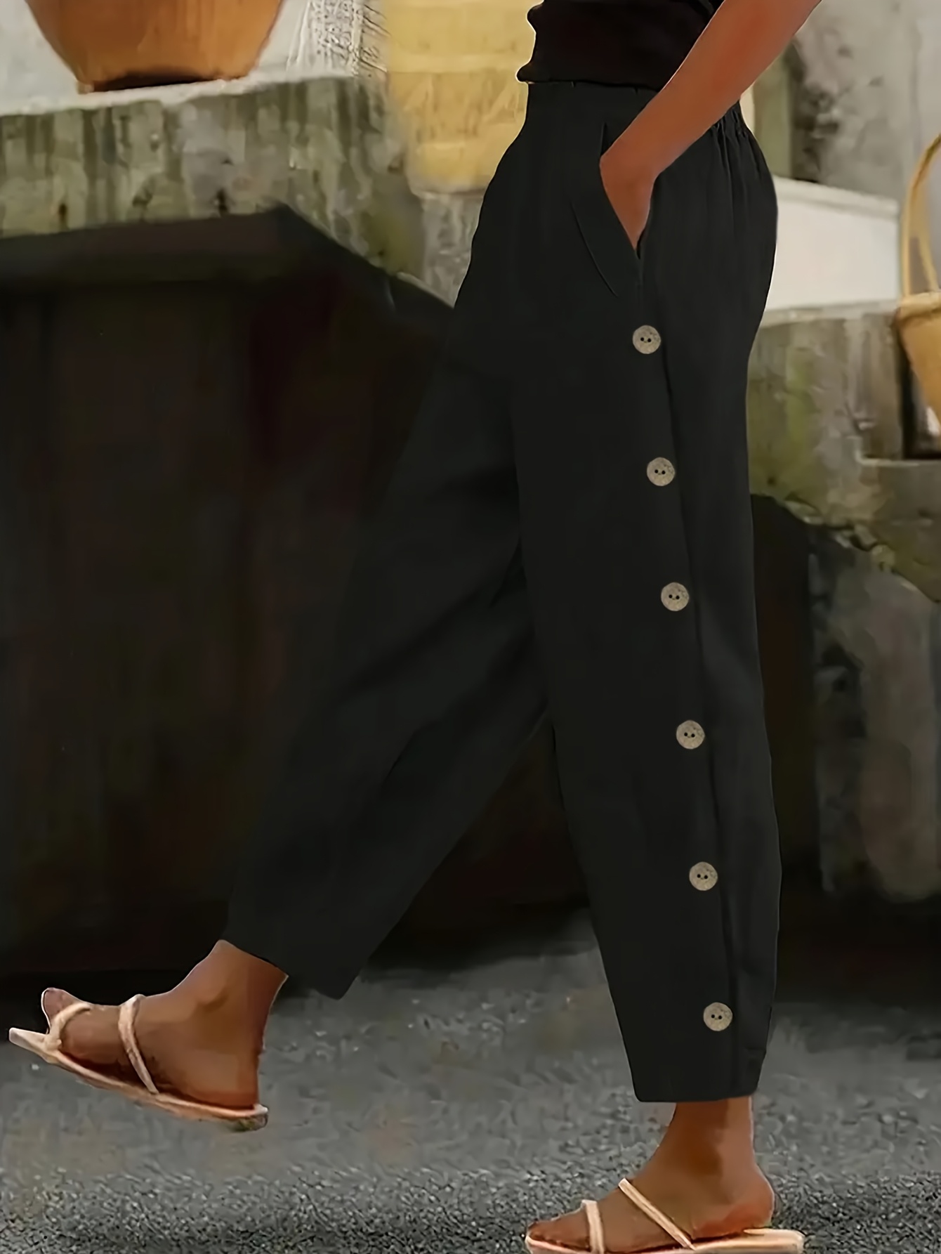 solid color multi button fashion casual ankle pants casual pants 0427