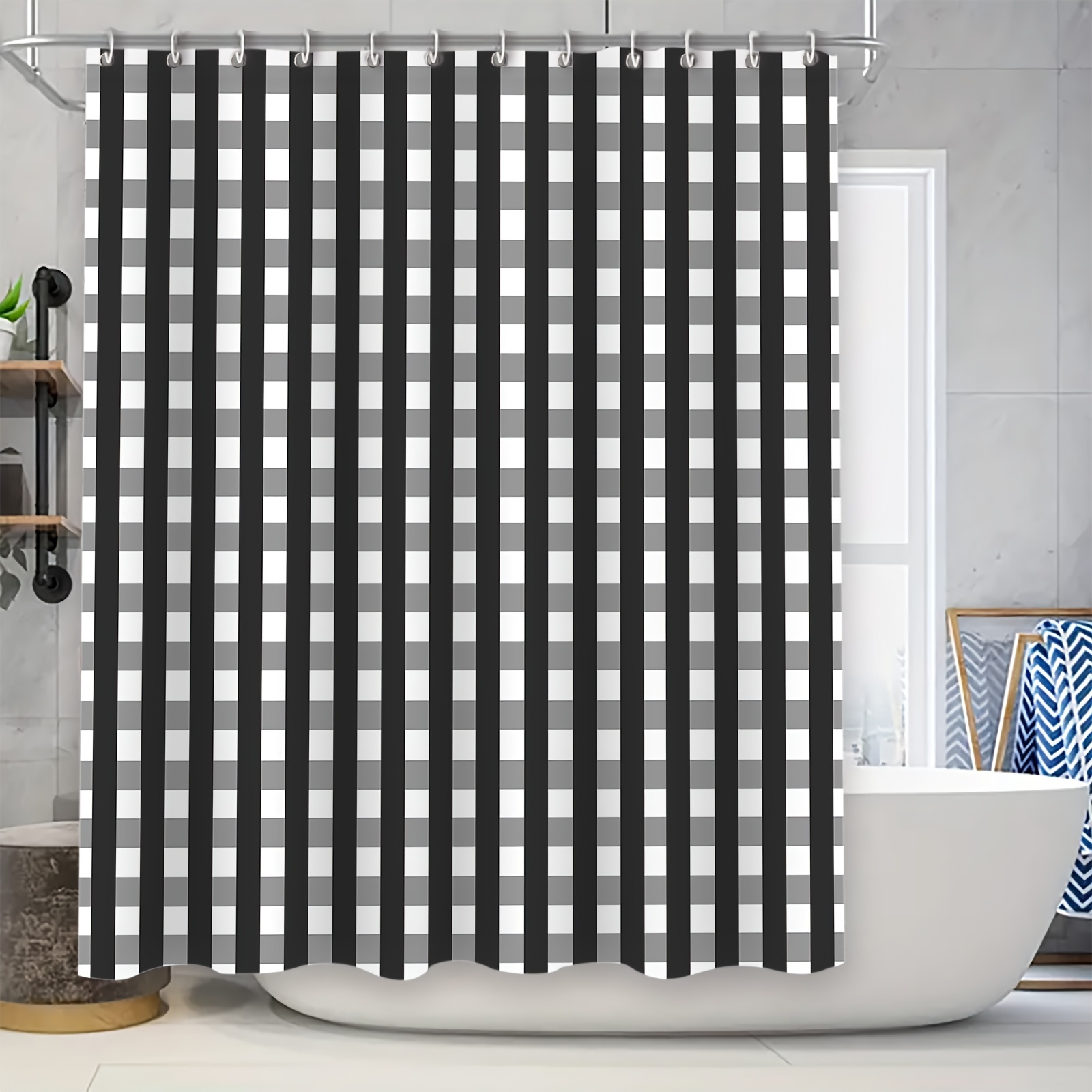 

1pc Black And Grey Plaid Shower Curtain Set, Fashionable Bathroom Partition Curtain With 12 Hanging Rings, Waterproof And Mildew Resistant, Home Bathroom Bathtub Decor, 70.8"x70.8" Window Curtain