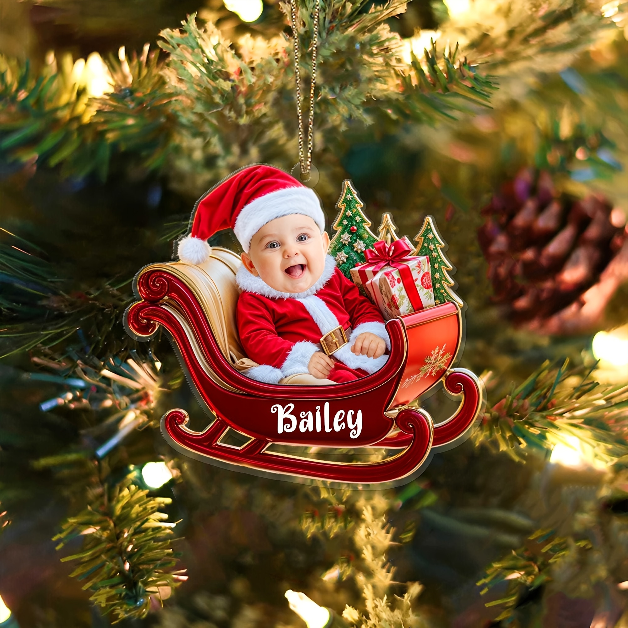 

1pc Personalized Acrylic Santa Sleigh Ornament With Custom Baby Photo - 2d Christmas Tree Hanging Decoration, First Pendant, No Power Required, Holiday Charm