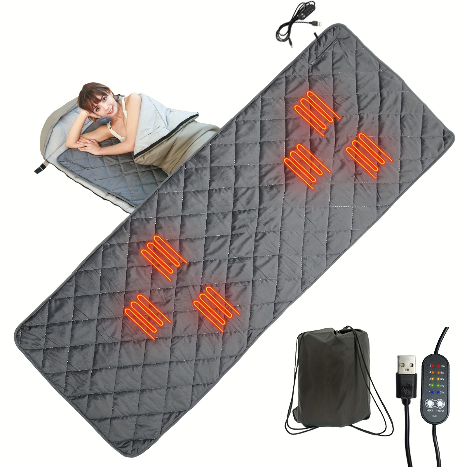 usb sleeping bag heating pad 5v   heated   portable camping electric blanket bed warmer suitable for hiking backpacking tent outdoor use non slip backside machine washable   adjustable temperature 2h 4h 6h 8h timer 0