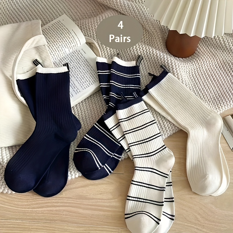 TEMU 4 Pairs Mid-calf Socks - Yc-fashion Versatile Individual Easy Vertical Stripe Combination Socks