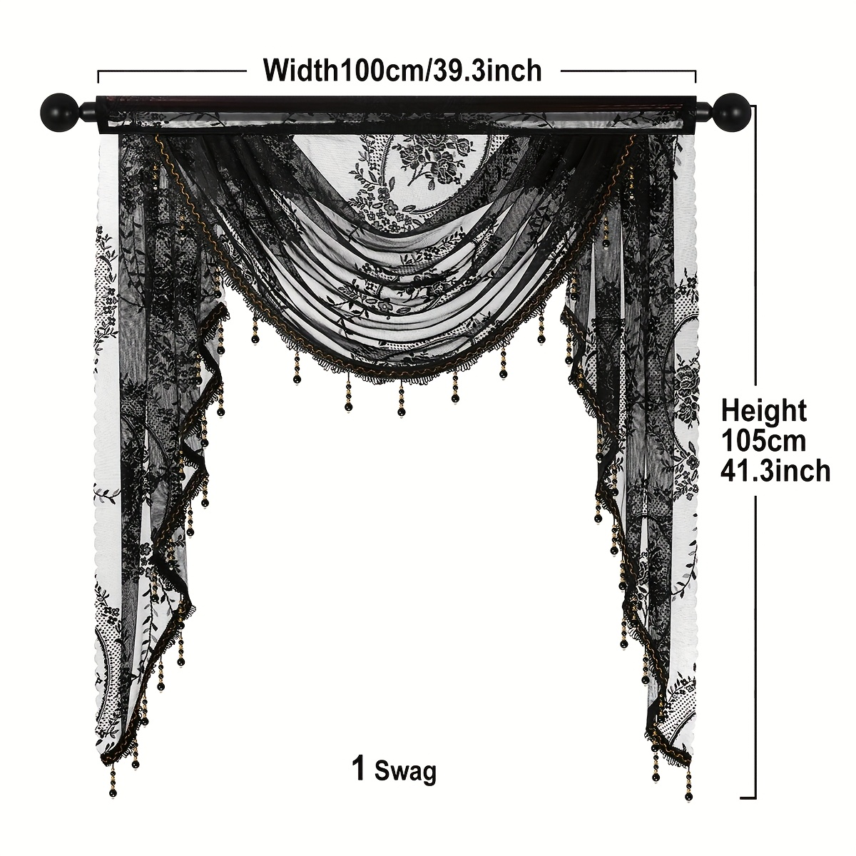 Image of 1pc For, Niche Gothic Lace French Short Curtain, With Rod, Beaded Premium Niche Style Atmosphere Wave Curtain Head, Suitable For Living Room Bedroom Window And Door Decoration, Multiple Sizes