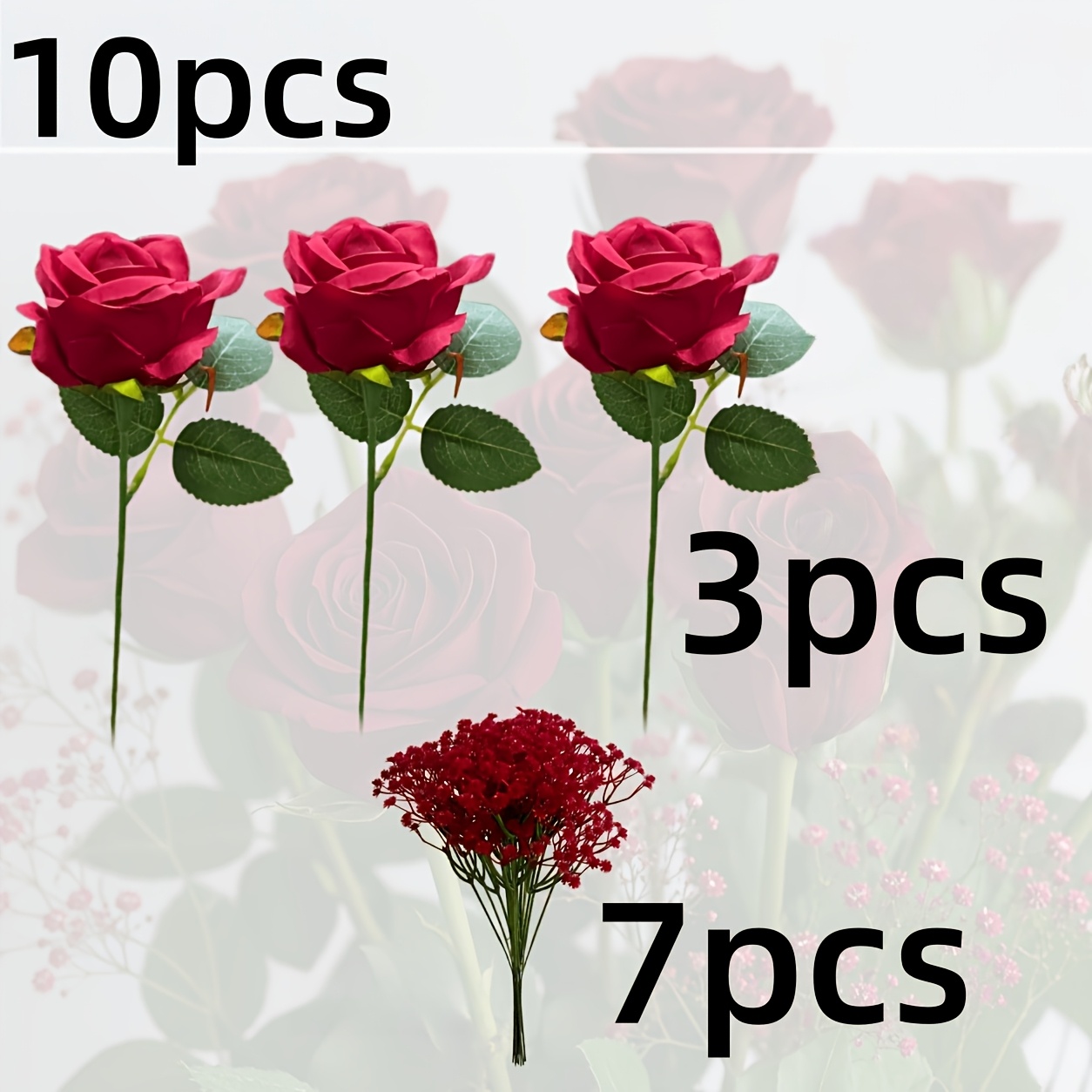 TEMU 10 Bundles - Realistic Multi-colored Long-stem Artificial Roses And Baby's Breath With Natural Leaves, Vibrant Mixed Colors. Lifelike Appearance