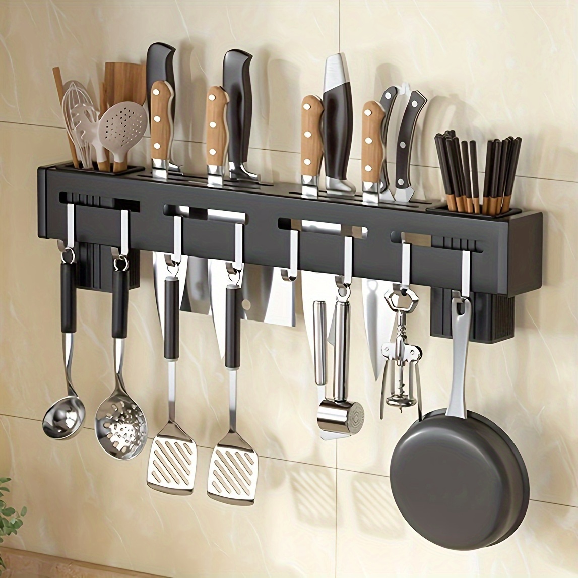 1pc high quality carbon steel knife rack no drill wall mounted multi functional kitchen utensil holder with hooks towel rod and draining utensil caddy for   kitchen storage details 5