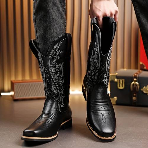 mens retro western outdoor cowboy boots embroidered long tube high top riding boots