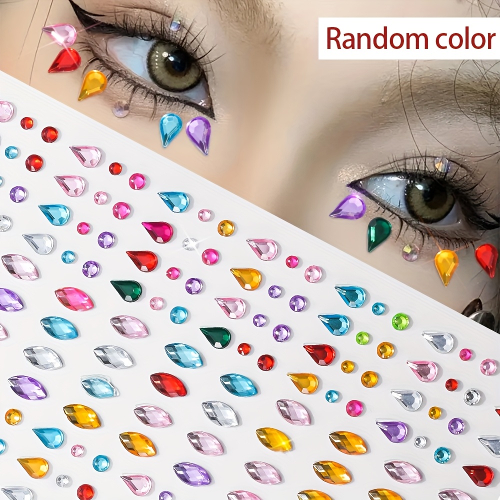 Image of Colorful Teardrop Face Gems, 196pcs Flat Back Rhinestones For , Self-adhesive Sparkling Jewel Stickers For Festival/party/cosplay, Random Color