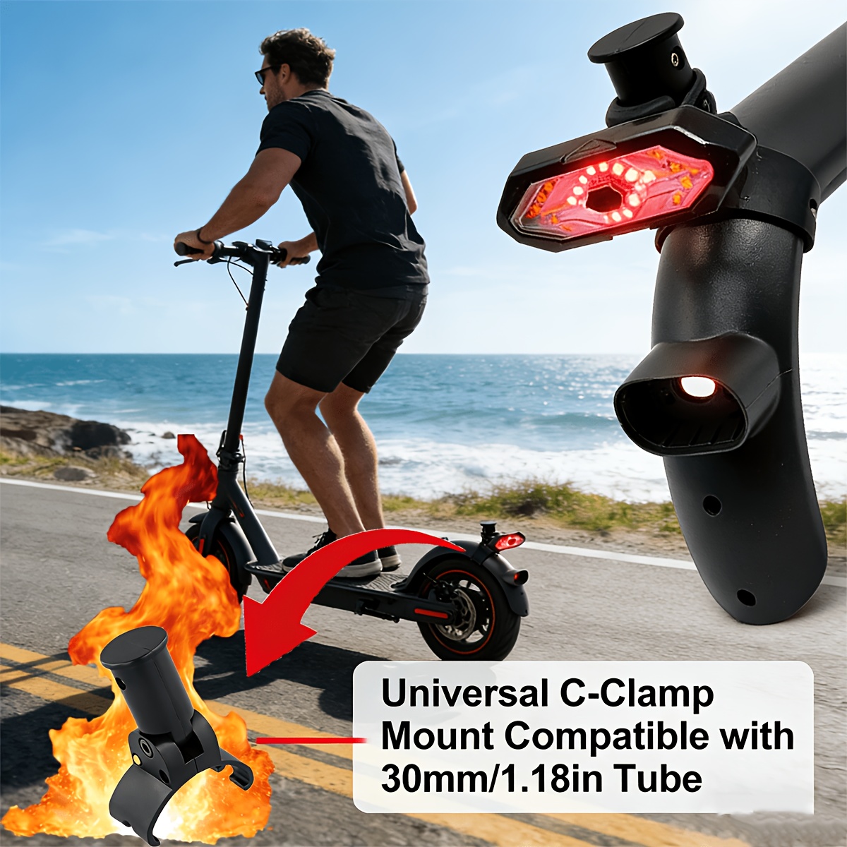 Suport pentru Stop Spate pentru Trotinetă Electrică, Clema C Universală Montabilă pe Tub de 30mm, Suport Reglabil pentru Stopul Trotinetei pentru Xiaomi, Segway, Ninebot, Accesoriu de Înlocuire Ușor de Instalat pentru Siguranța la Conducerea Nocturnă, Accesorii Speciale pentru Trotinete