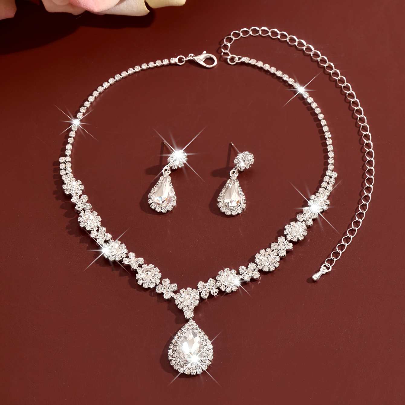Modieuze 2-delige Ketting en Oorbellen Set, Luxe Strass Waterdruppel Hanger | High-End Sieraden | Party/Banket/Bruiloft Accessoires