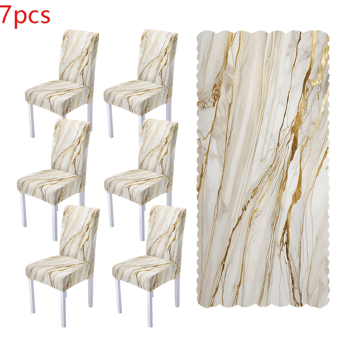 TEMU : 5/7pcs Tablecloth And Chair Cover Set. 5pcs Set Includes 1 Tablecloth   4 Chair Covers; 7pcs Set Includes 1 Tablecloth   6 Chair Covers.