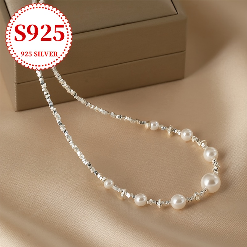 TEMU Elegant 925 Sterling Silvery Pearl Necklace For Women - Luxury Freshwater Pearls, Suitable For Marriage Proposals, Engagements, Anniversaries,