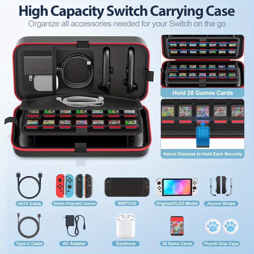 for switch 2 storage bag handle cover compatible with oled console multi functional anti pressure design holds game cards charger headphones tv cable and straps for three of the ns console Product details 4