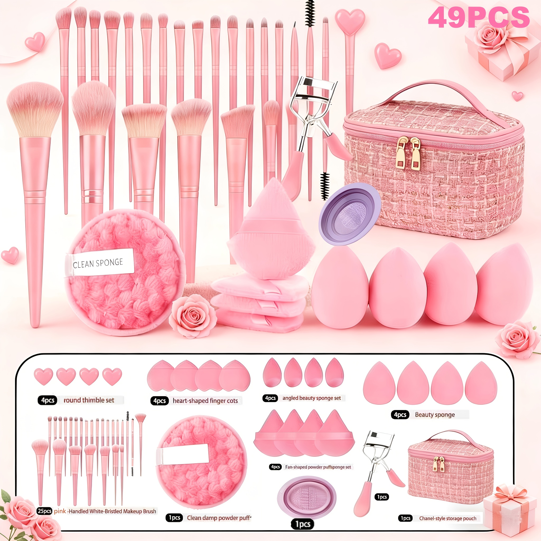 TEMU 49pcs Professional Makeup Brush Set, Super Soft Nylon Bristles And Concealer/contour Sponge - Wet/dry Use, Complete Size Expandable Box,