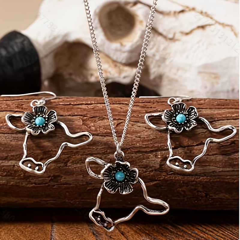 TEMU 3 pièces Collier Pendentif Tête de Vache des en Turquoise Bleue et Boucles d'Oreilles, Ensemble de Bijoux pour Femmes, Bijoux en Turquoise