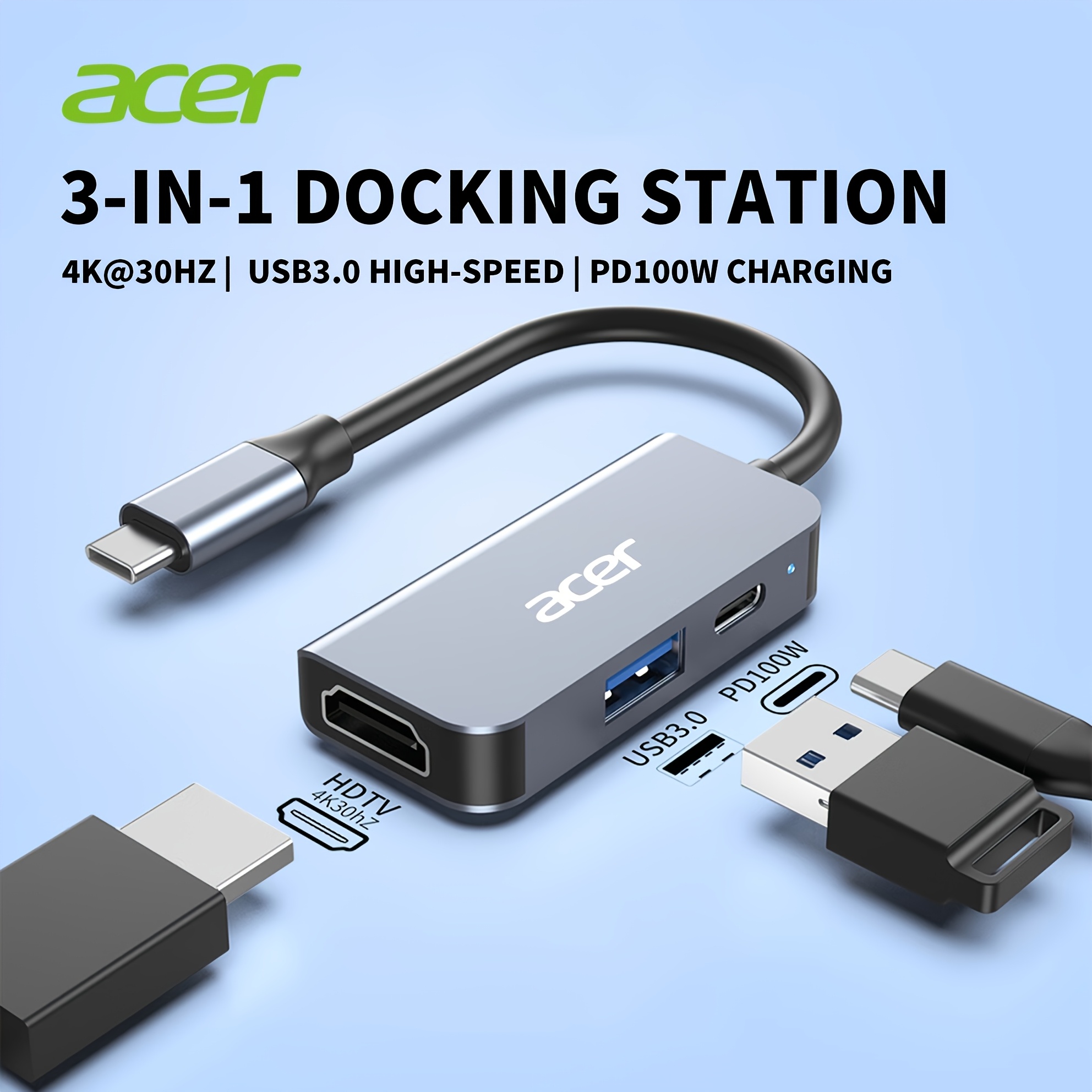 TEMU Acer 3-in-1 Usb-c Multiport Adapter With 4k@ Hdtv, 100w Pd Fast Charging Port, Usb 3.0 Ports, Type-c Dongle Docking Station For Macbook Air/pro,