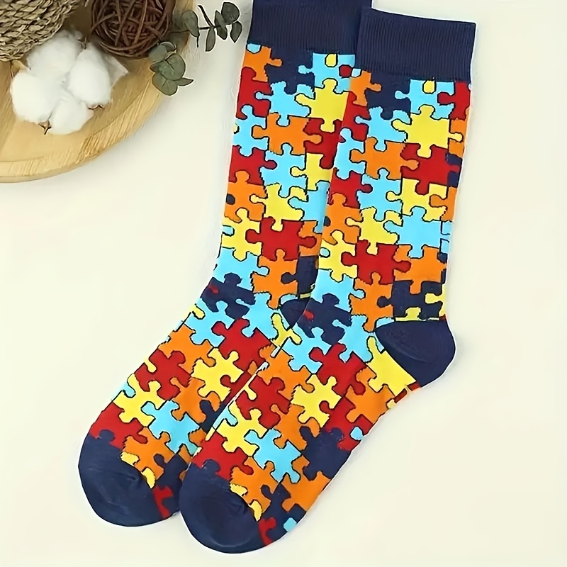 

A Pair Of Men's Cartoon Puzzle Pattern Creative Crew Socks, Comfortable Casual Soft And Crew Socks, Ideal Gift