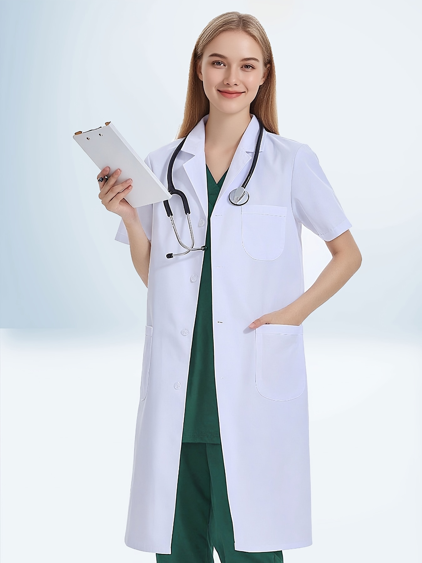 womens short sleeve lab coat elegant button jacket pockets Temu