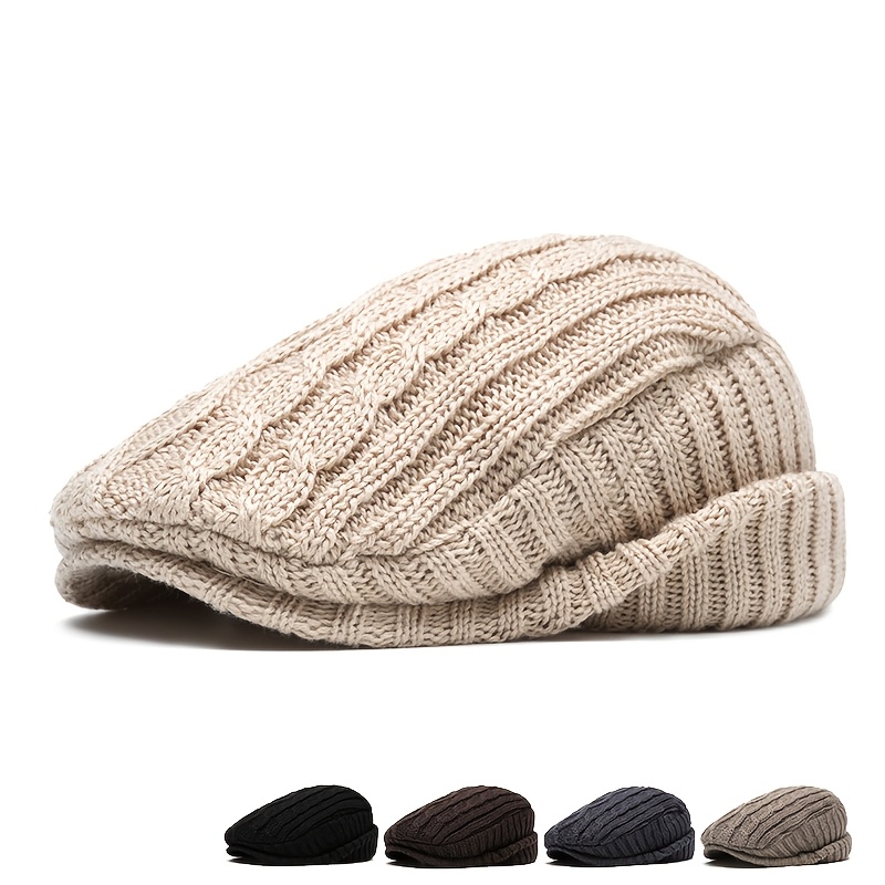 

1pc Vintage Style Men's Newsboy Hat, 100% Knitted Beanie, Stretch, Solid Color Warm And Comfortable Winter Protective Hand Hat