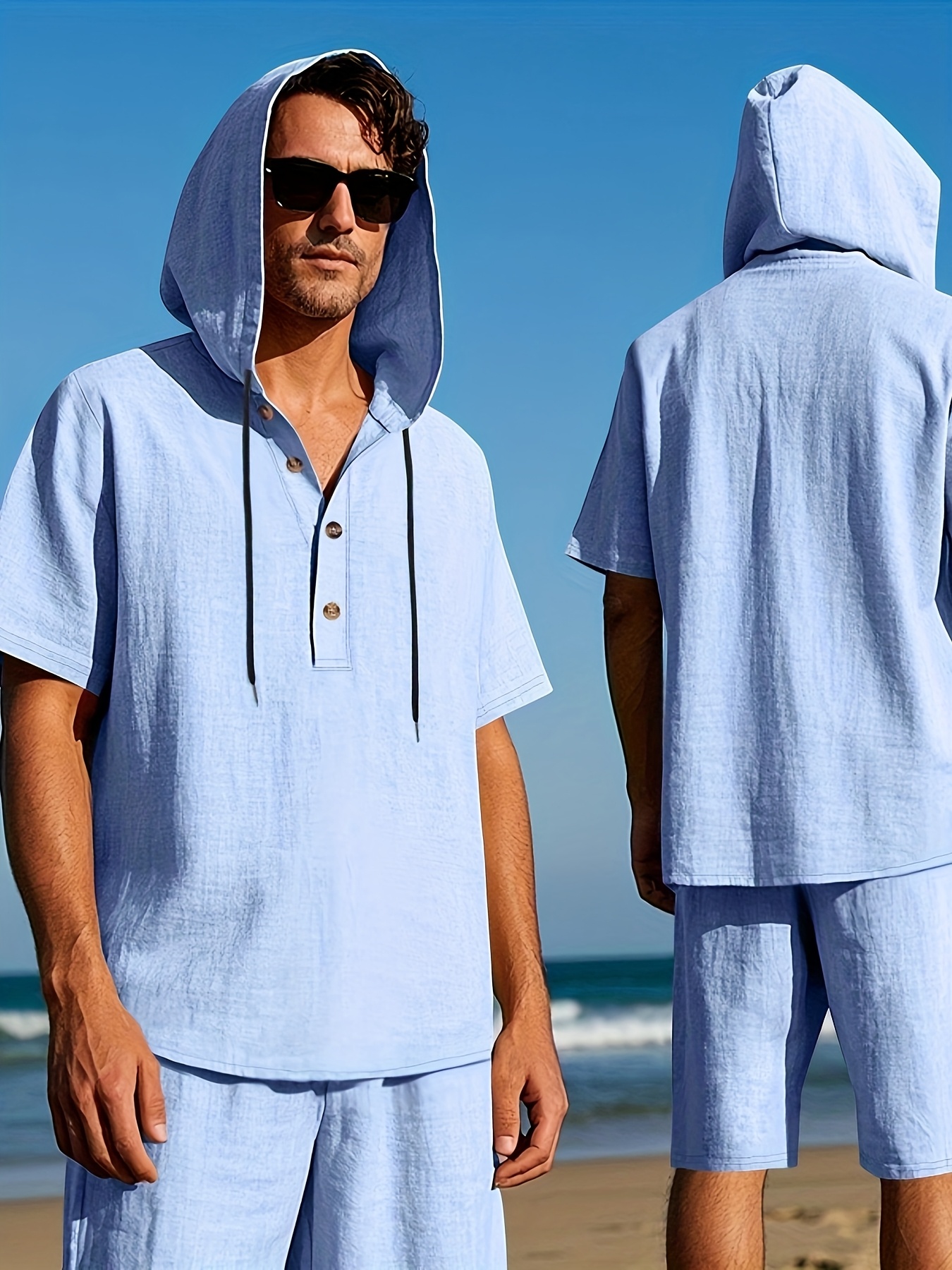 two piece summer mens loose linen henley shirt and shorts set Product details 0