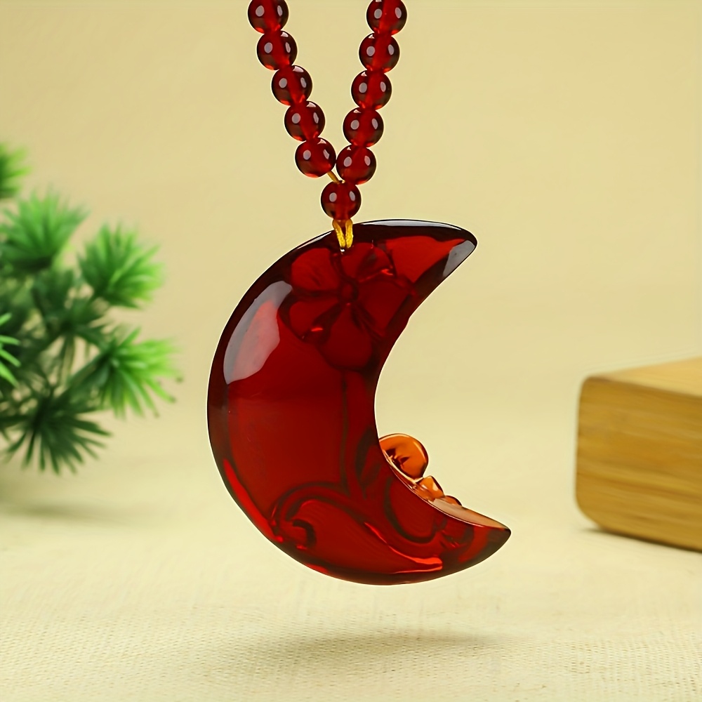 Fashion Moon Flower Amber Pendant Necklace, Gift for Her