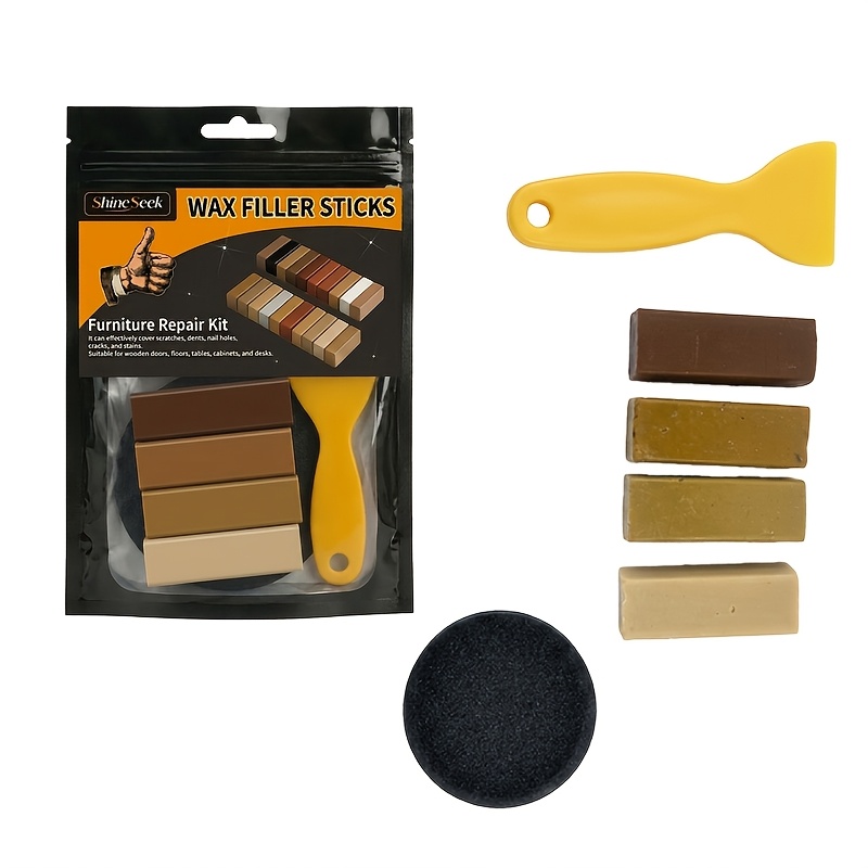 TEMU 4pcs Super Strong Hardwood Repair Wax Blocks + 1 Scraper + 1 Sandpaper Set – Brown Light Yellow Wood Floor Wax Block Kit, Suitable For Wooden