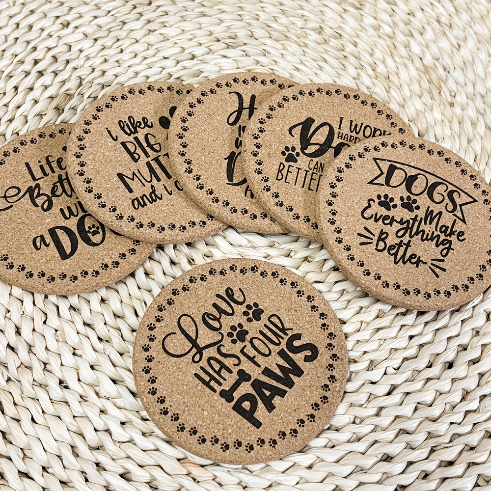 TEMU 6-pack Engraved Cork Coasters, Dog-themed Inspirational Quotes, Rustic Handmade Table Decor, Hand Washable, Pet Lovers, Ideal For 's Day,
