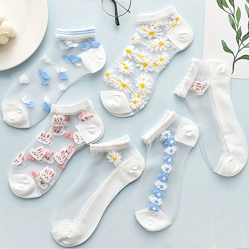 

6 Pairs 3d Textured Cartoon Pattern Lace Ankle Socks, Comfy & Breathable Short Socks, Women's Stockings & Hosiery