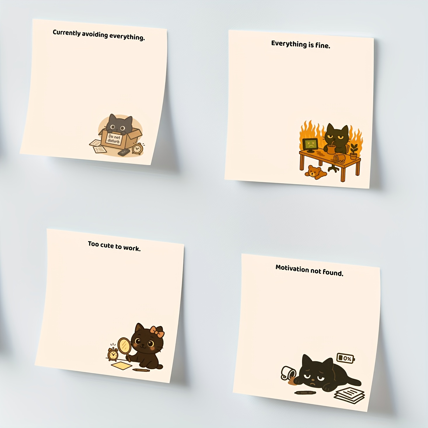 TEMU 4pcs Humorous Stickers Featuring A Relatable Black Cat With Phrases Like "everything Is Fine" And "lack Of Motivation", Perfect For Office Use,
