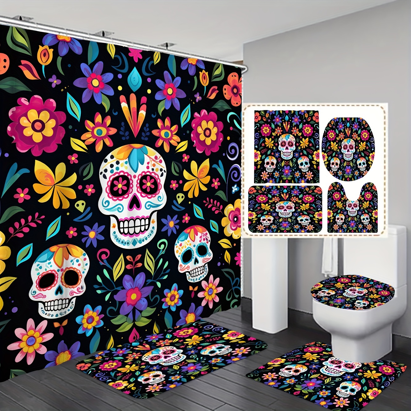 

Mexican Day Of The Dead Floral Sugar Shower Curtain Set With Hooks, Machine Washable Polyester Horror Theme Bathroom Decor, Washable Woven Fabric, Includes Curtain, Mats & Toilet Cover