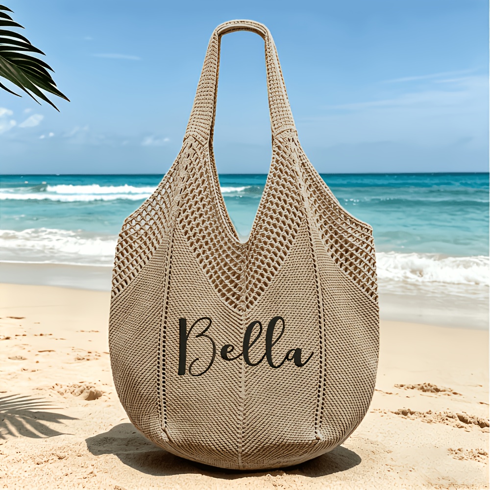 TEMU Personalized Women' Crochet Beach Bags Suitable For Wedding Bridesmaid Gifts, Handbag With , / Tote For Travel, Bachelor Party & Hand Washable