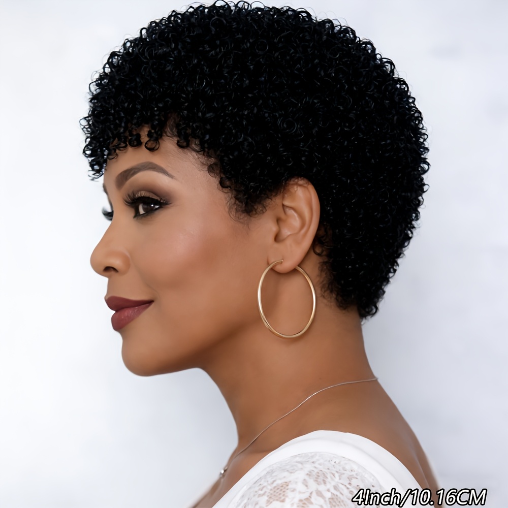 Image of Women's Brazilian Human Hair Wig - Afro Cut With Bangs | 4inch Short Water Curly Wig, 200% Density Hairpiece, Real Human Hair For Party And Cosplay