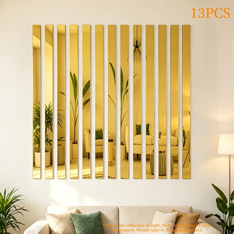 TEMU Lot de 13 bandes autocollantes murales luxe léger à rayures dorées, longues bandes de décalcomanies murales de fond en acrylique, découpables et
