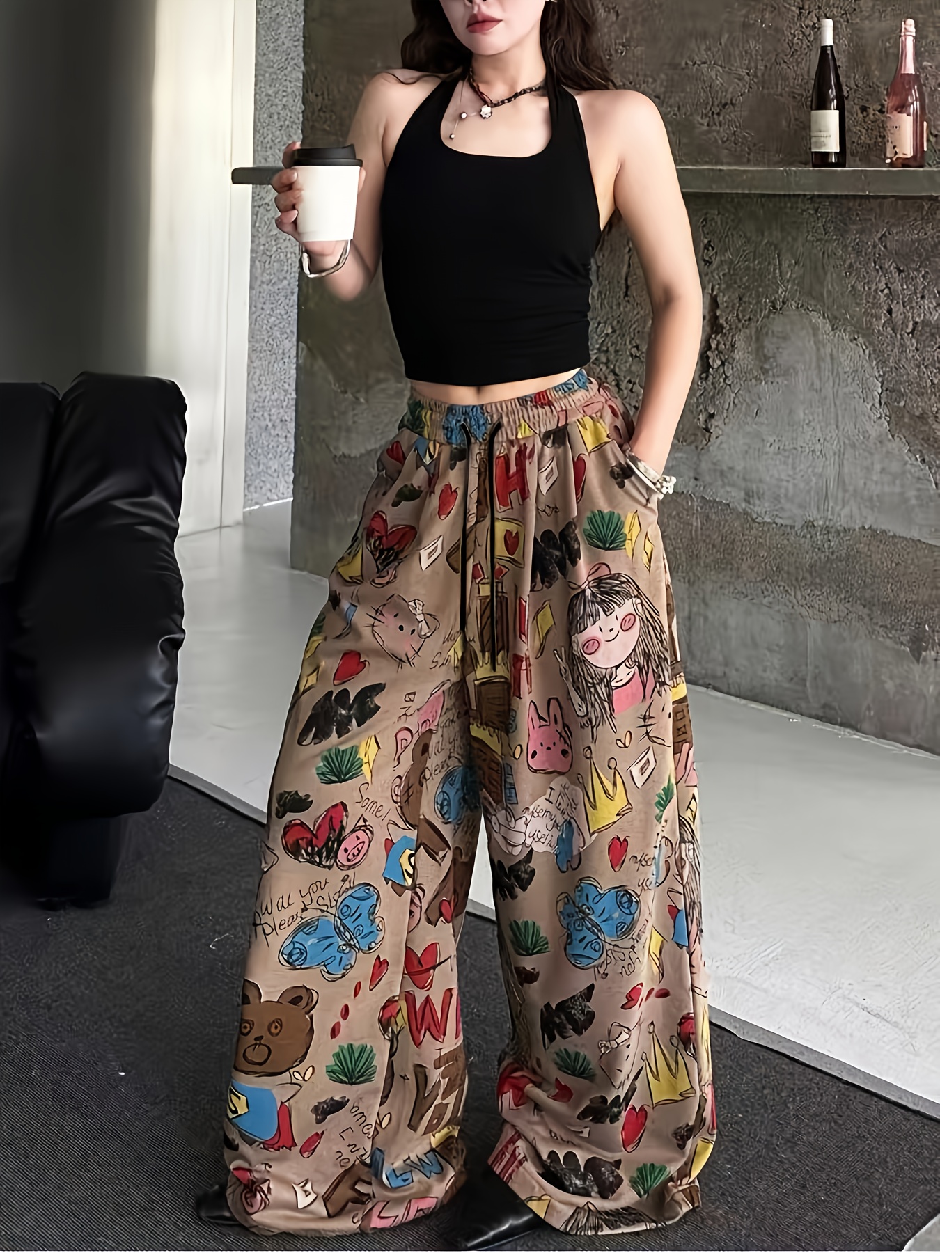 y2k womens cartoon print wide leg pants cute bear heart - Temu Iceland