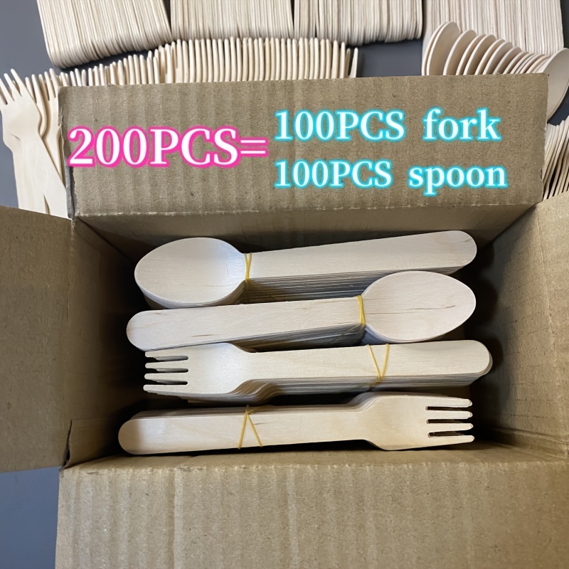 Image of 100 Spoons + 100 Forks, A Delicate Of Forks And Spoons. Made Of . 100pcs Of Wooden Spoons And Forks Each. Suitable For Parties, Weddings, Birthdays, Furniture Decoration, Camping, Etc.!!