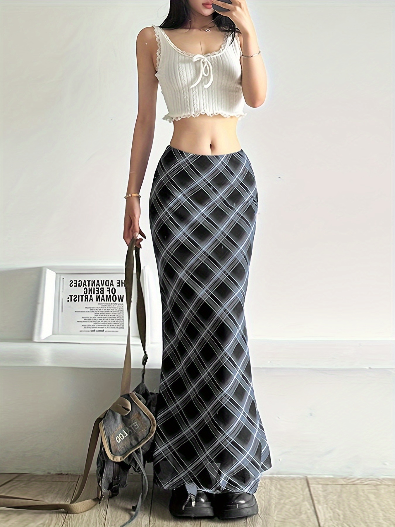 womens high waist fit long skirt grunge plaid black Temu