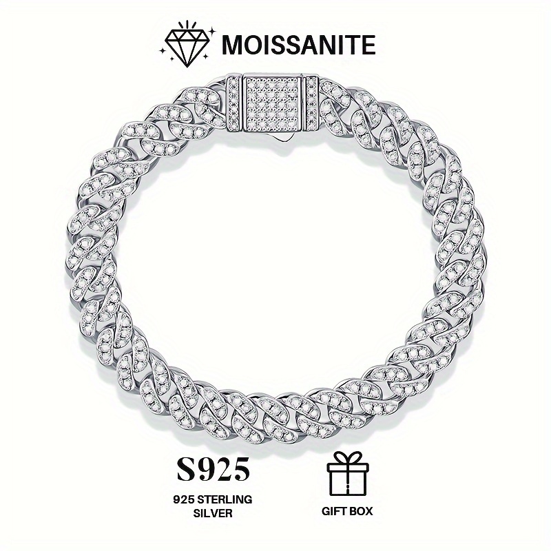 

Dazzling Moissanite Bracelet, Cuban Bracelet, Cuban Link Chain, 925 Sterling Silver & Plated, For Men And Women, Hip-hop, Personality, Trend, Valentine's Day, Anniversary Birthday Gift