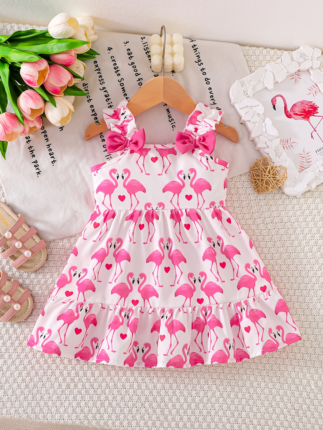 Baby Girl Spring * Flamingo Heart Print Bow Suspender Dress