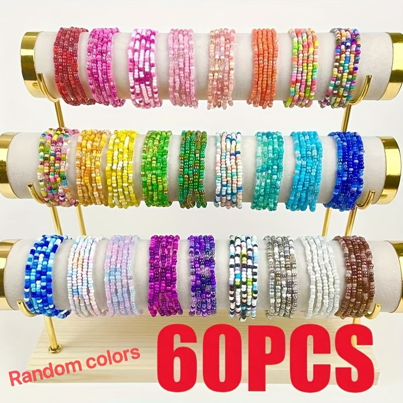 Image of Random 60pcs [colorful Beaded Bracelets] Colorful Beaded Bracelets| Random Assorted Colors, Beach, Bohemian Style, Stackable, Multicolored Jewelry Accessory