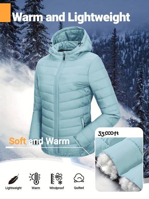 womens packable lightweight full zip jacket with hood quilted winter casual sporty coat