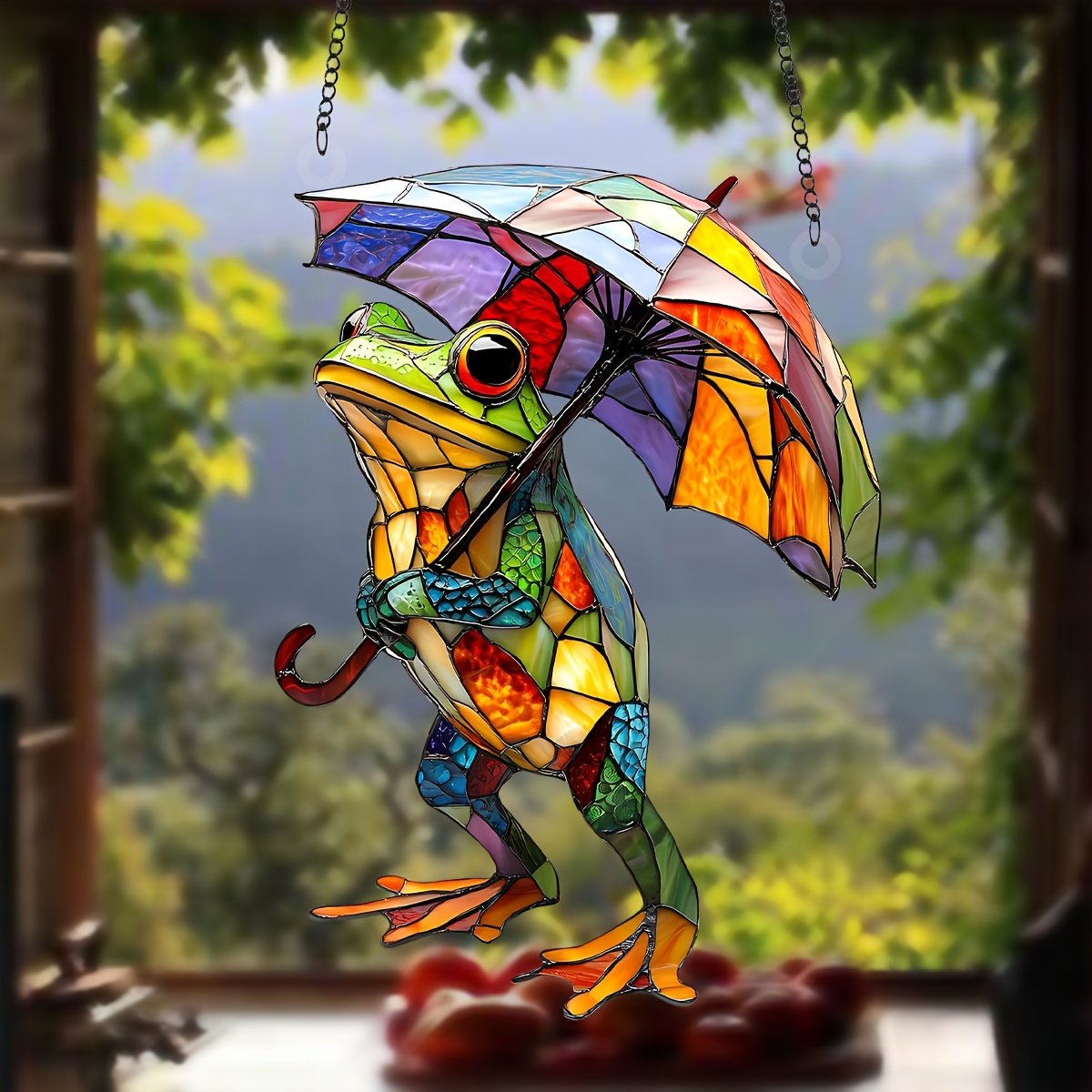 

1pc Frog With Suncatcher - 5.9"x7.87" Stained Glass-style Window Hanging, Ideal For Home & Garden Decor, Perfect Gift For For Birthdays, Housewarming & Holidays, Frog Garden Decor