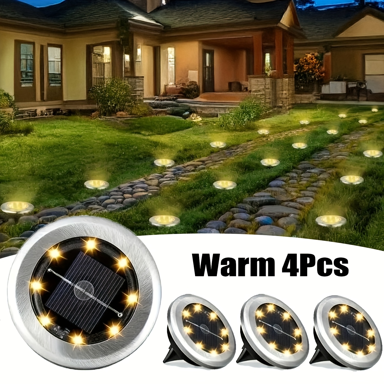 8pcs solar stainless steel ground lights 4pcs auto switch in ground lights with 8 leds for gardens patios lawns steps walkways   garden   driveway lighting warm white