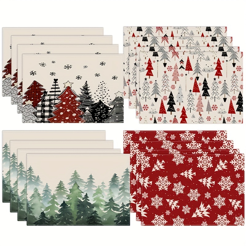 

Set Of 4 Christmas Place Mats - Holiday Designs With Snowflakes & Christmas Trees - Machine Washable Square Polyester Table Mats - Woven Polyester & Filling For Christmas Dining Decor