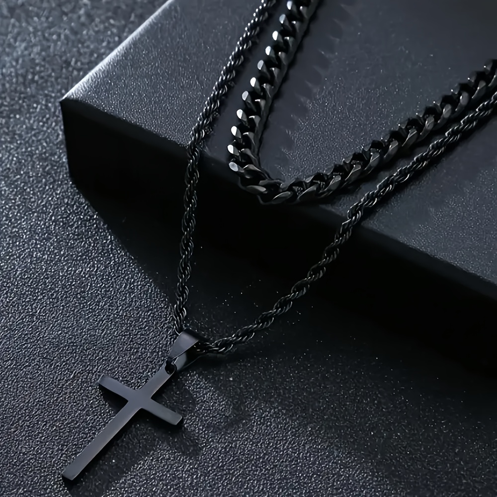2pcs Men's Black Cuban Link Flat Chain Cross Necklace Set, Suitable For Daily Outfit Matching