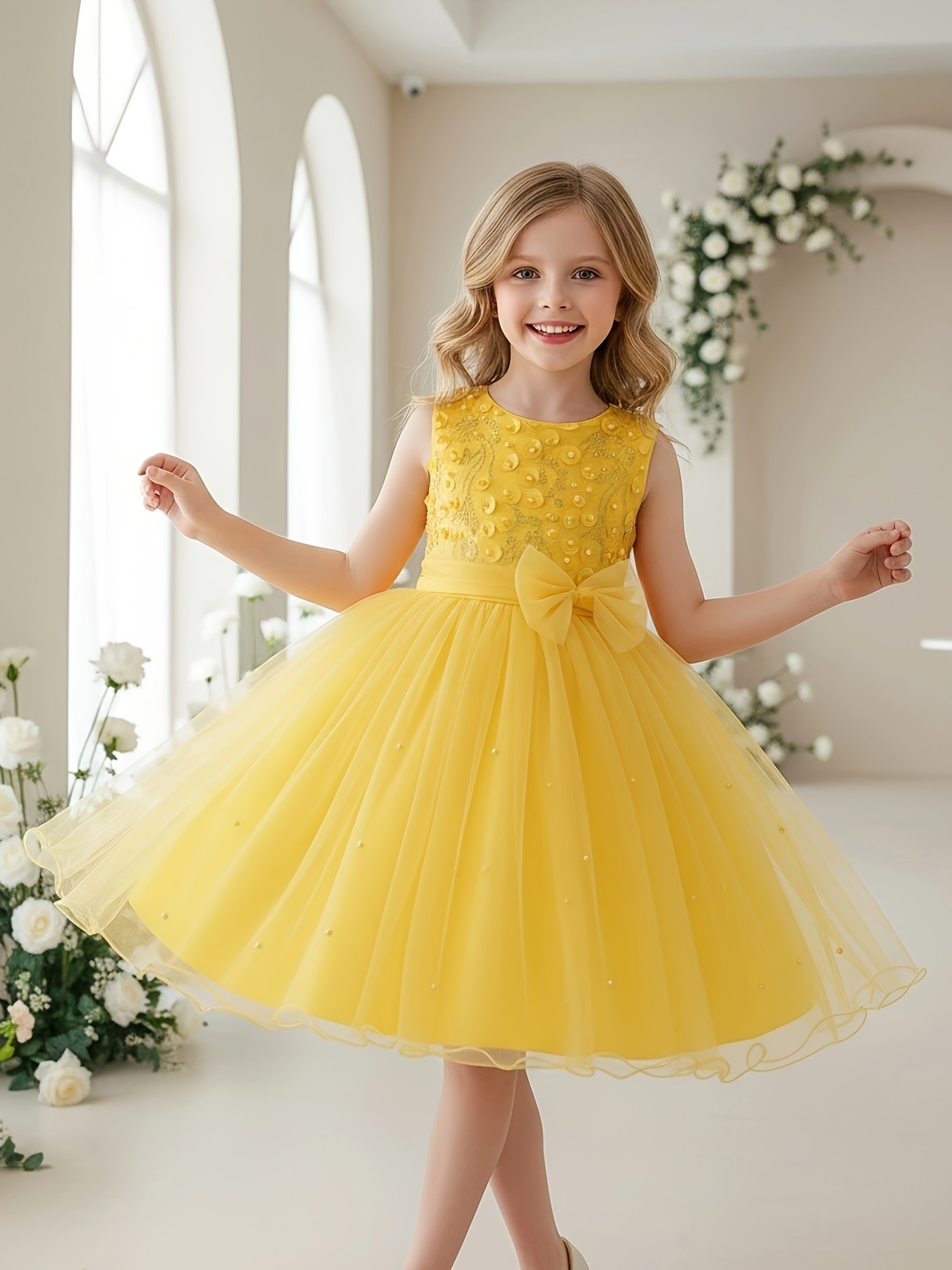 yellow birthday dress Flower Girl For Year Girl Wedding Flower Girl Dress Princess Dress Tulle Puff Temu United Arab Emirates Size:36/38