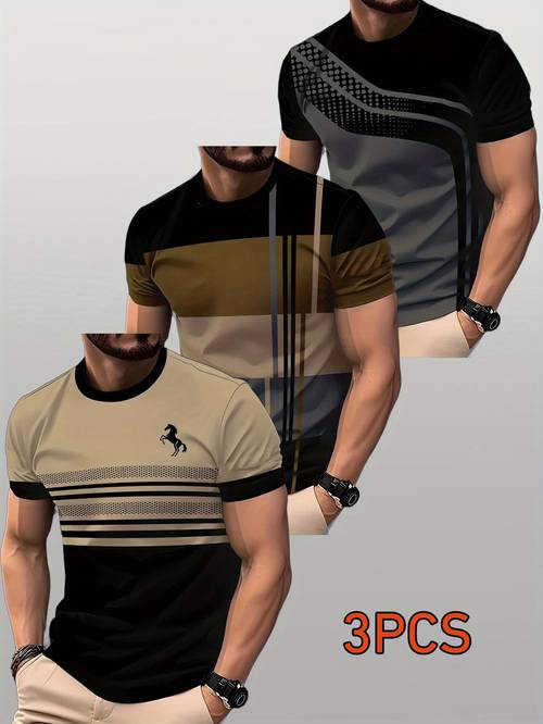 3pcs mens breathable summer t shirts 3 horse block stripes regular fit stretch for gym casual outdoor wear cute shirts for summer gym attire stylish casual machine washable stretchy fabric